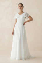 Robe de mariée blanche trapèze mousseline col V manches courtes à volants - Harana
