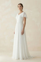 Robe de mariée blanche trapèze mousseline col V manches courtes à volants - Harana