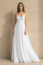 Robe de mariée blanche trapèze dentelle à fines bretelles dos nu sans manches - Harana