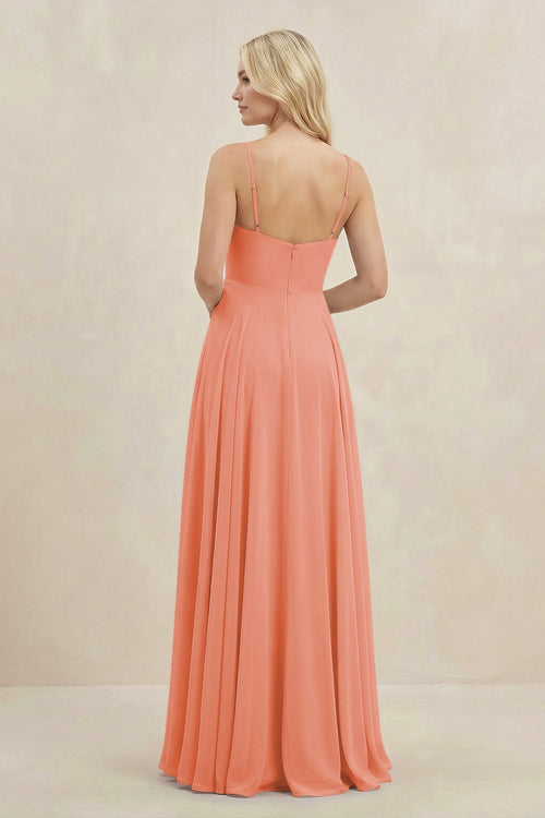 Robe de demoiselle d’honneur rose ancien longue en mousseline coupe trapèze à fines bretelles - Harana