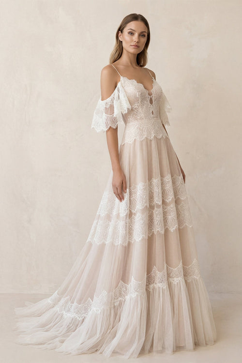 Robe de mariée blanche et nude trapèze en dentelle à épaules dénudées - Harana