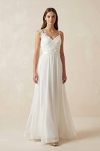 Robe de mariée blanche trapèze mousseline à fines bretelles dos nu sans manches - Harana