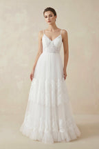 Robe de mariée blanche sirène dentelle à fines bretelles décolleté cœur sans manches - Harana