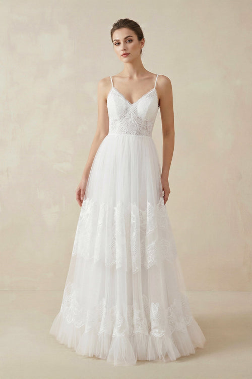 Robe de mariée blanche sirène dentelle à fines bretelles décolleté cœur sans manches - Harana