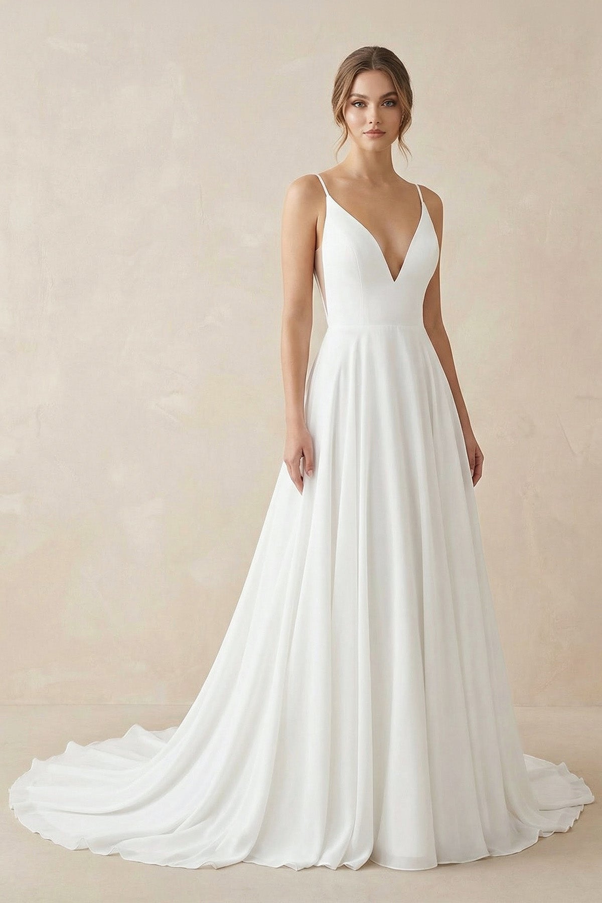 Robe de mariée blanche trapèze dentelle à fines bretelles sans manches - Harana
