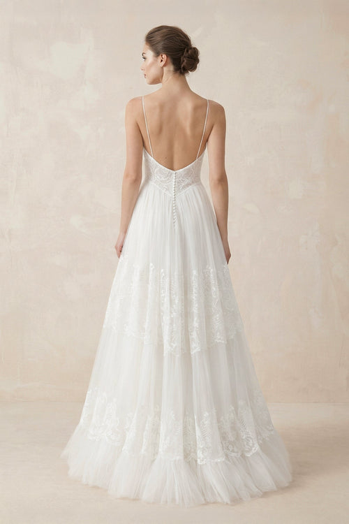 Robe de mariée blanche sirène dentelle à fines bretelles décolleté cœur sans manches - Harana