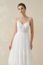 Robe de mariée blanche sirène dentelle à fines bretelles décolleté cœur sans manches - Harana
