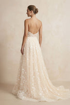 Robe de mariée champagne trapèze en dentelle dos nu à fines bretelles - Harana