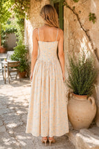 Robe jaune midi en coton coupe trapèze à encolure carrée imprimée - Harana