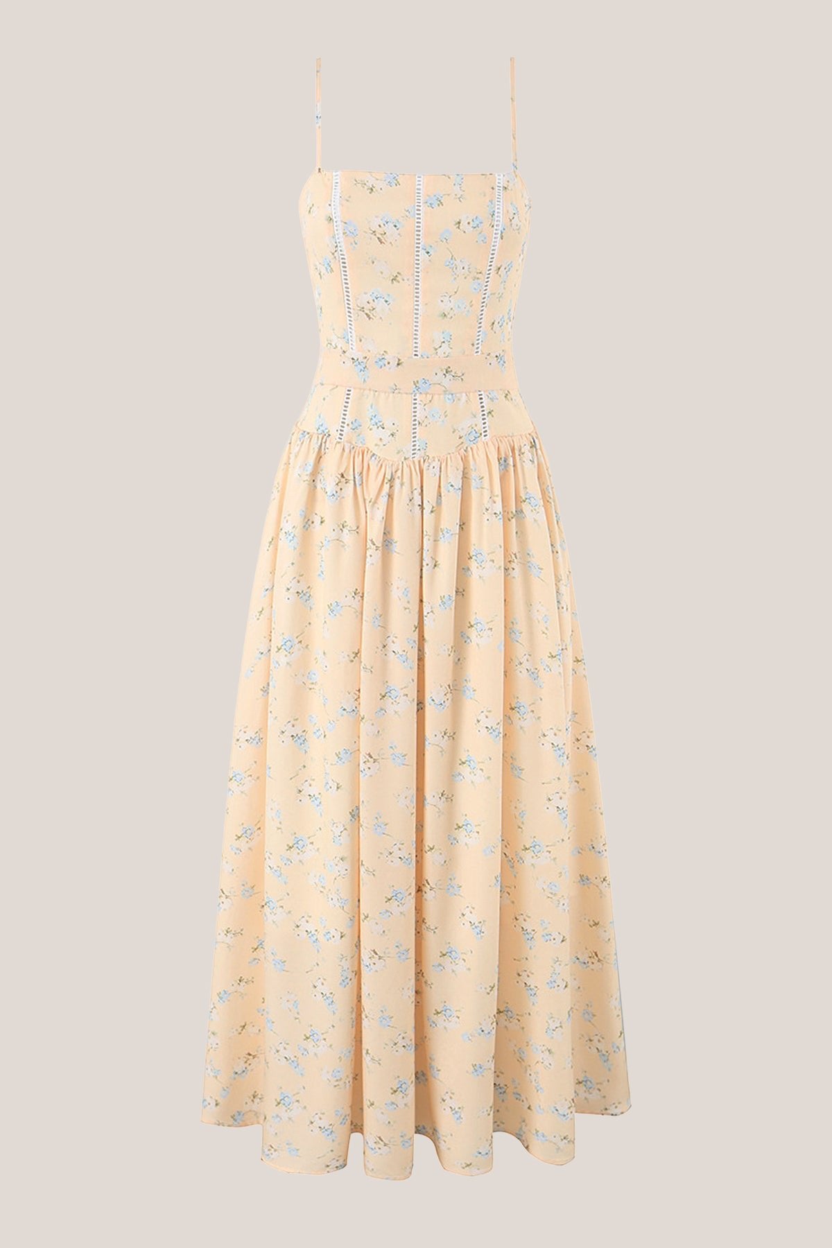Robe jaune midi en coton coupe trapèze à encolure carrée imprimée - Harana