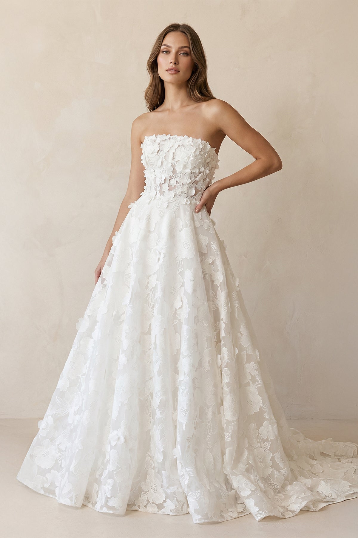 Robe de mariée ivoire longue bustier sans manches à dentelle - Harana