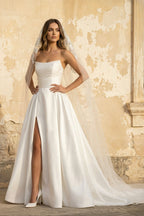 Robe de mariée blanche trapèze en satin bustier sans manches - Harana
