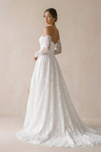 Robe de mariée blanche trapèze en dentelle à épaules dénudées manches longues - Harana