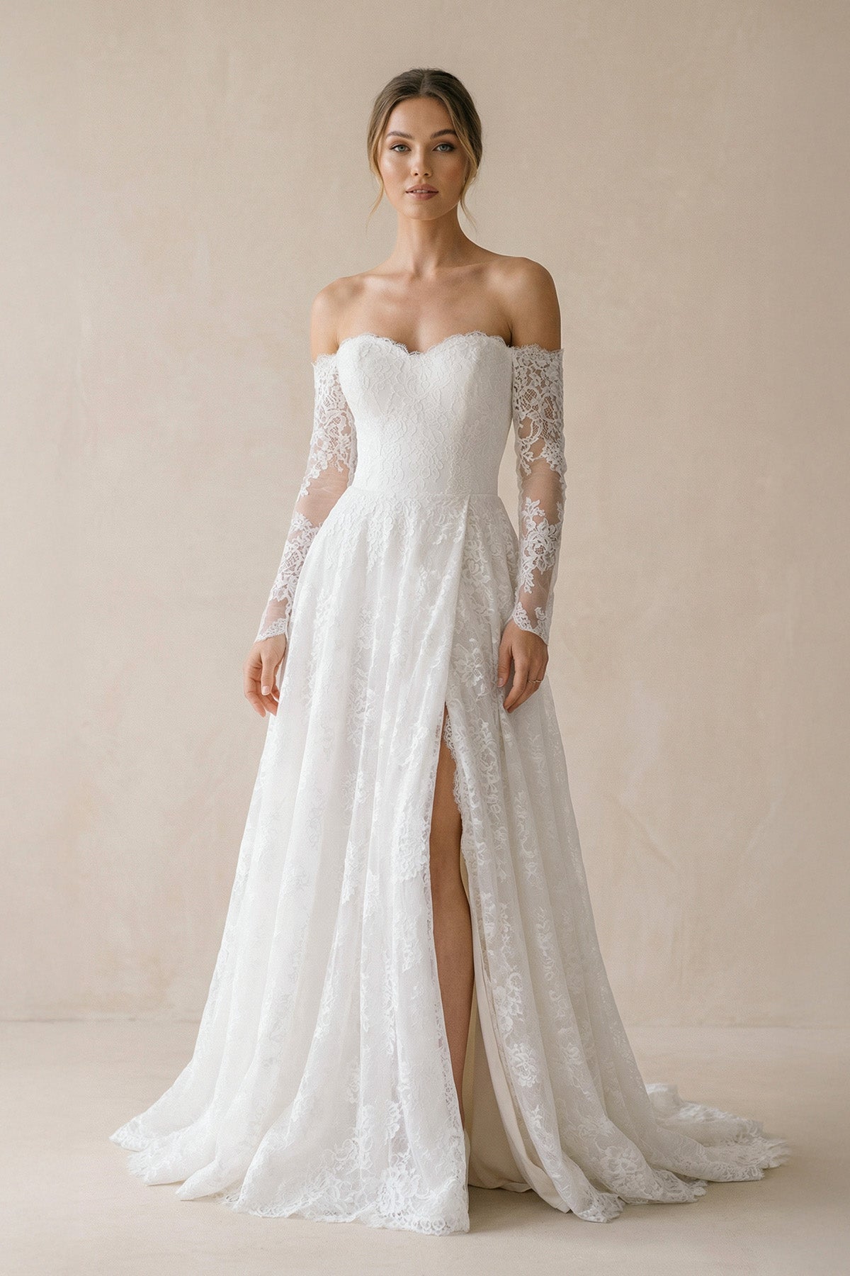 Robe de mariée blanche trapèze en dentelle à épaules dénudées manches longues - Harana