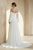 Robe de mariée blanche trapèze mousseline décolleté cœur avec fente manches longues - Harana
