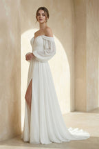 Robe de mariée blanche trapèze mousseline décolleté cœur avec fente manches longues - Harana