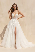 Robe de mariée ivoire longue sans manches avec fente à corset - Harana