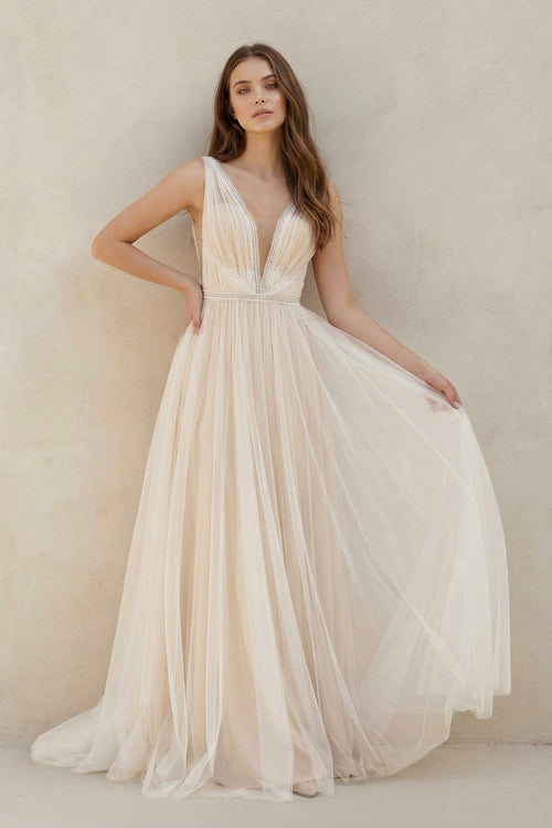 Robe de mariée blanche et nude trapèze tulle col V sans manches - Harana