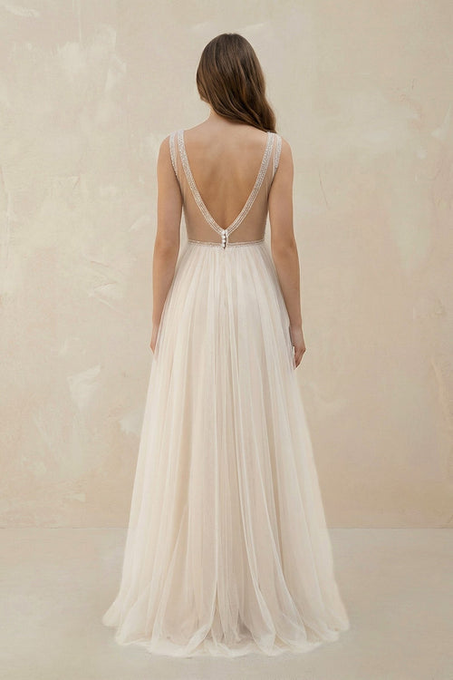 Robe de mariée blanche et nude trapèze tulle col V sans manches - Harana