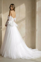 Robe de mariée blanche trapèze en dentelle à épaules dénudées manches longues - Harana