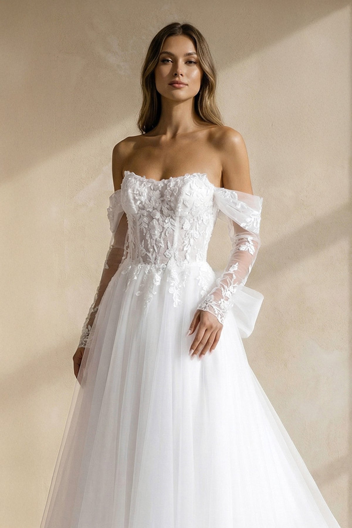Robe de mariée blanche trapèze en dentelle à épaules dénudées manches longues - Harana