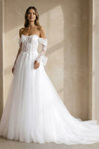 Robe de mariée blanche trapèze en dentelle à épaules dénudées manches longues - Harana