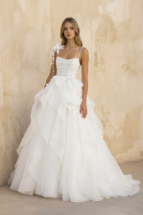 Robe de mariée blanc longue à fines bretelles sans manches avec nœud - Harana