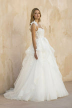 Robe de mariée blanc longue à fines bretelles sans manches avec nœud - Harana