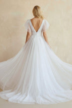 Robe de mariée blanche trapèze tulle col V manches courtes - Harana