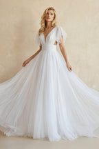 Robe de mariée blanche trapèze tulle col V manches courtes - Harana