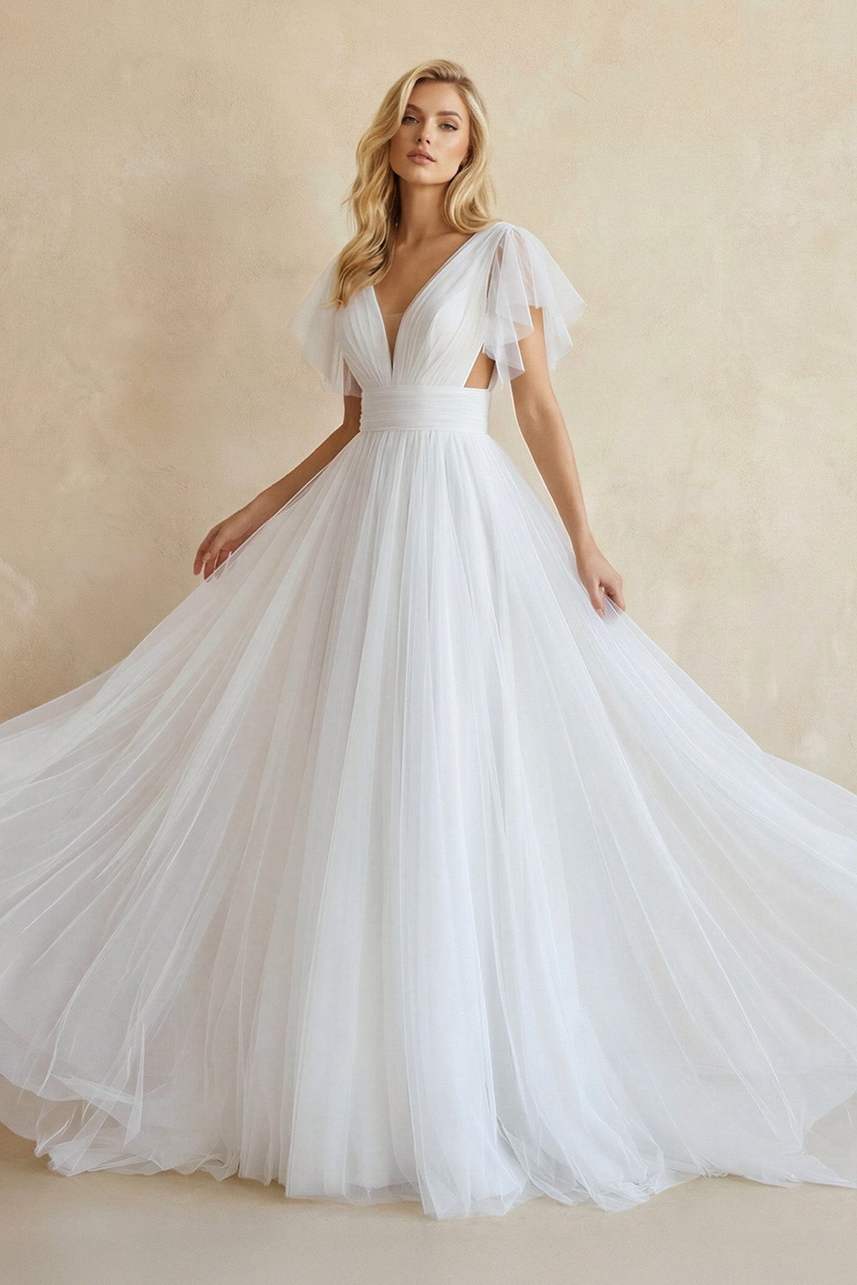 Robe de mariée blanche trapèze tulle col V manches courtes - Harana