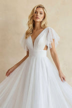 Robe de mariée blanche trapèze tulle col V manches courtes - Harana
