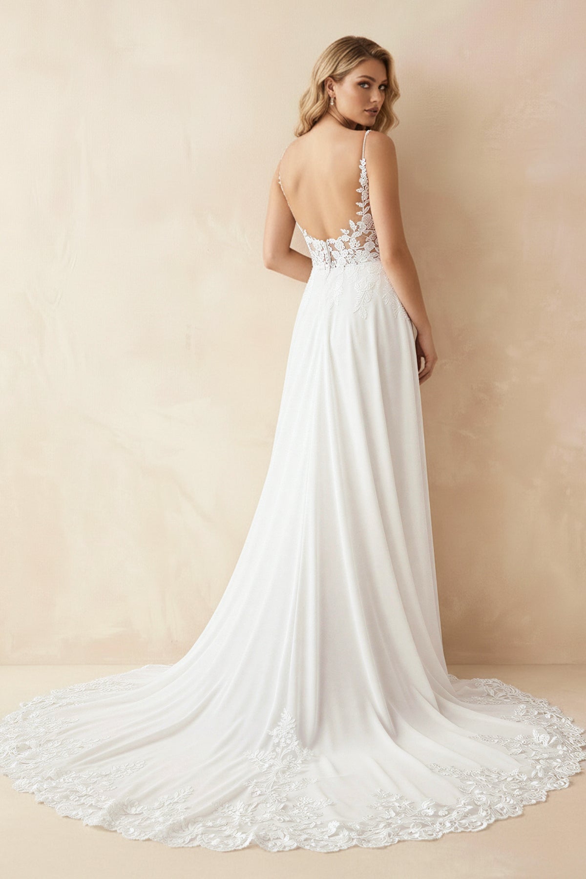 Robe de mariée blanche et nude trapèze en mousseline à col V - Harana