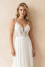 Robe de mariée blanche et nude trapèze en mousseline à col V - Harana