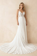 Robe de mariée blanche et nude trapèze en mousseline à col V - Harana