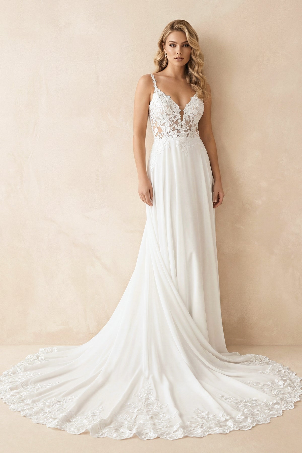 Robe de mariée blanche et nude trapèze en mousseline à col V - Harana