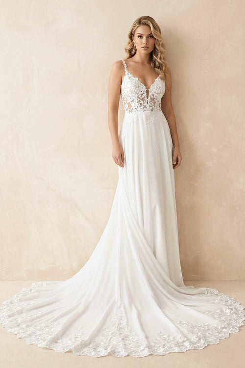 Robe de mariée blanche et nude trapèze en mousseline à col V - Harana