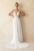 Robe de mariée ivoire trapèze dentelle à fines bretelles col V sans manches - Harana