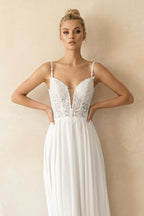 Robe de mariée ivoire trapèze dentelle à fines bretelles col V sans manches - Harana