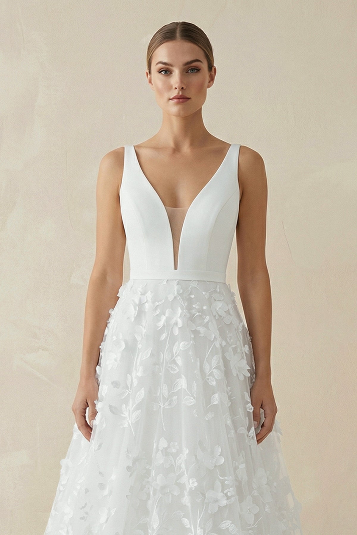 Robe de mariée blanche trapèze en dentelle à col V sans manches - Harana