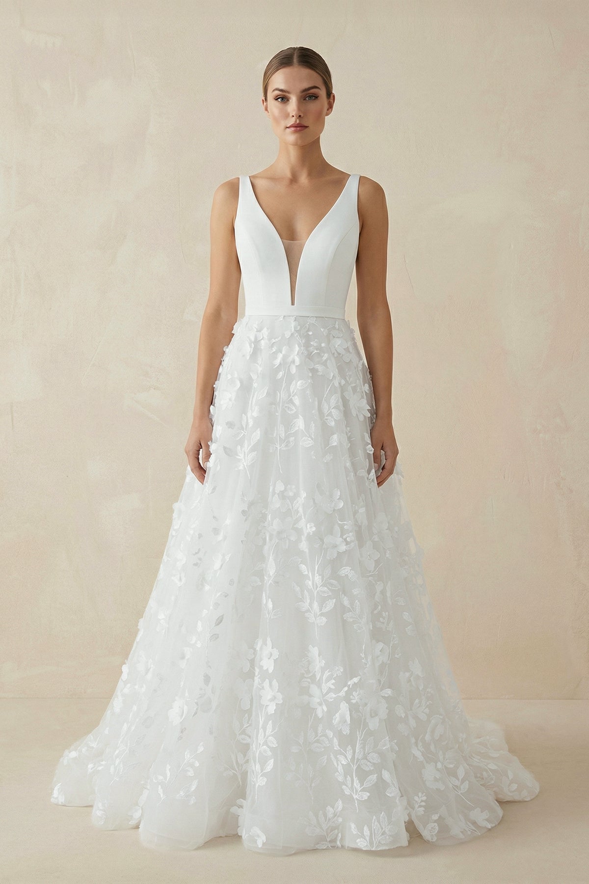 Robe de mariée blanche trapèze en dentelle à col V sans manches - Harana