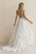 Robe de mariée ivoire trapèze dentelle col V avec fente sans manches - Harana
