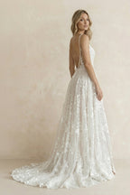 Robe de mariée ivoire trapèze dentelle col V avec fente sans manches - Harana