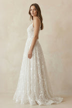Robe de mariée blanche et nude trapèze en dentelle à col V - Harana