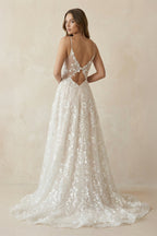 Robe de mariée blanche et nude trapèze en dentelle à col V - Harana