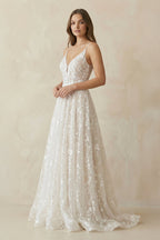 Robe de mariée blanche et nude trapèze en dentelle à col V - Harana