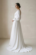 Robe de mariée blanche trapèze en mousseline à col V manches longues - Harana