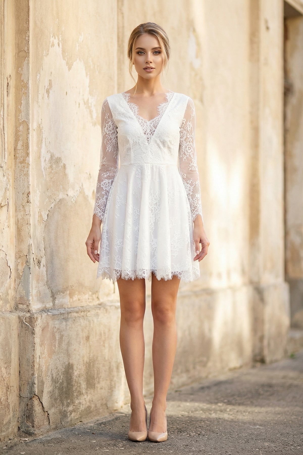 Robe de mariée blanche trapèze en dentelle à col V manches longues - Harana