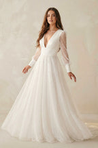Robe de mariée ivoire trapèze en tulle à col V manches longues - Harana