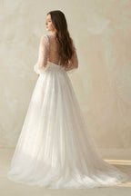 Robe de mariée ivoire trapèze en tulle à col V manches longues - Harana